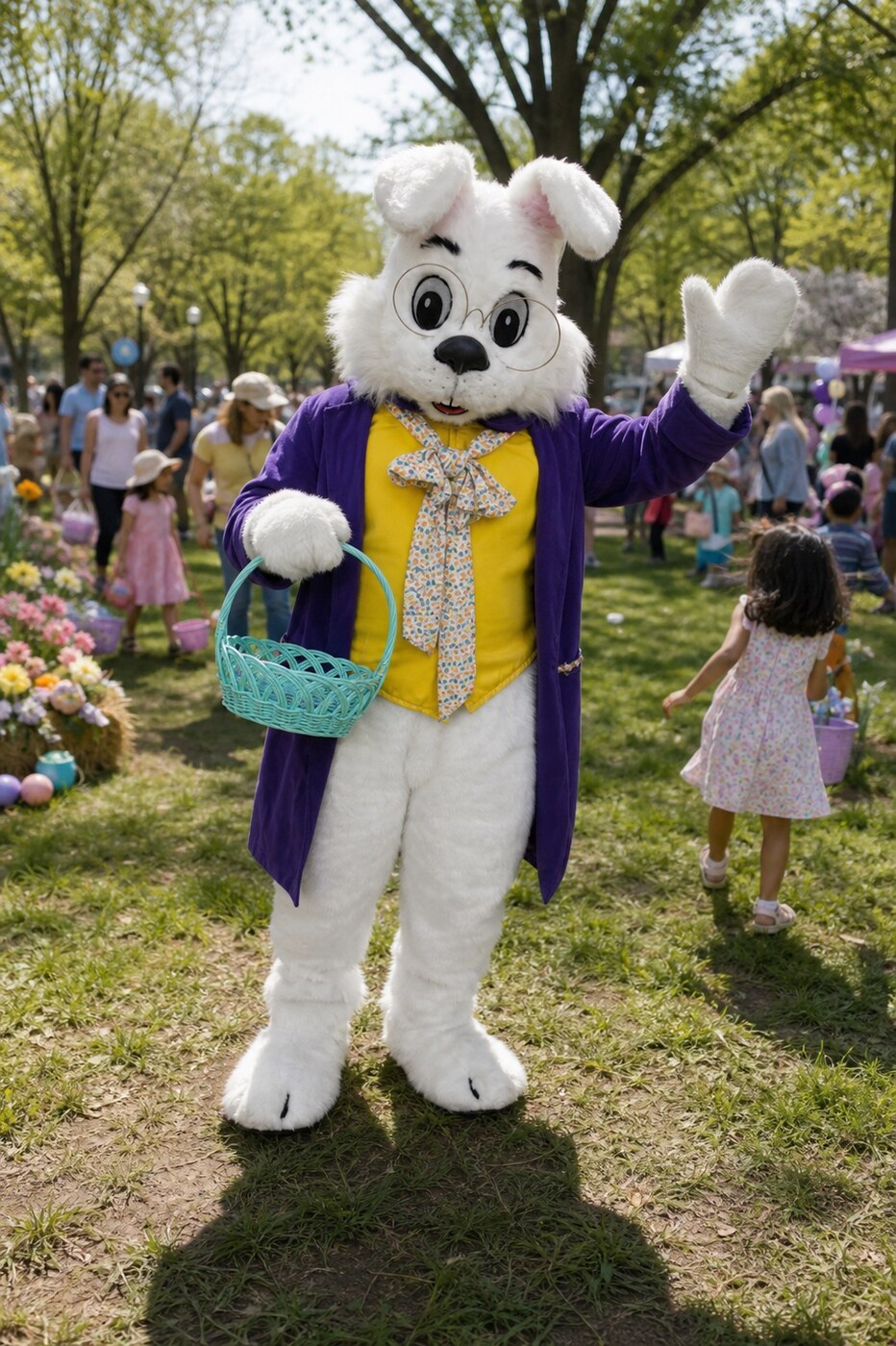 Atlanta Easter Bunny greeting families at community egg hunt