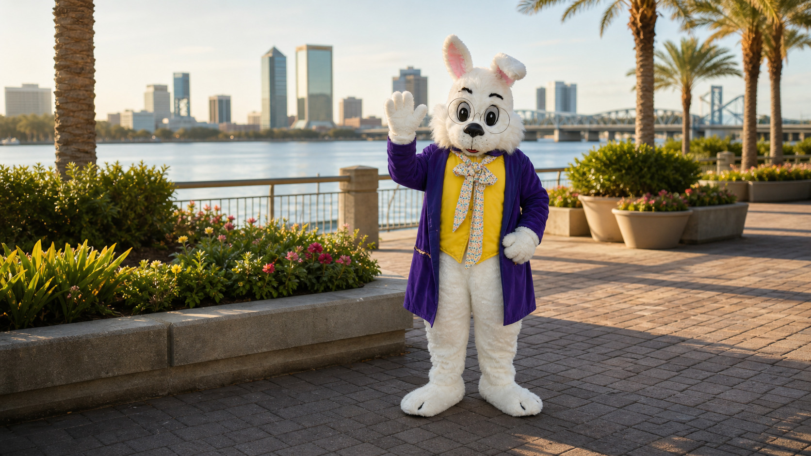 Easter Bunny for hire in Jacksonville at riverfront skyline